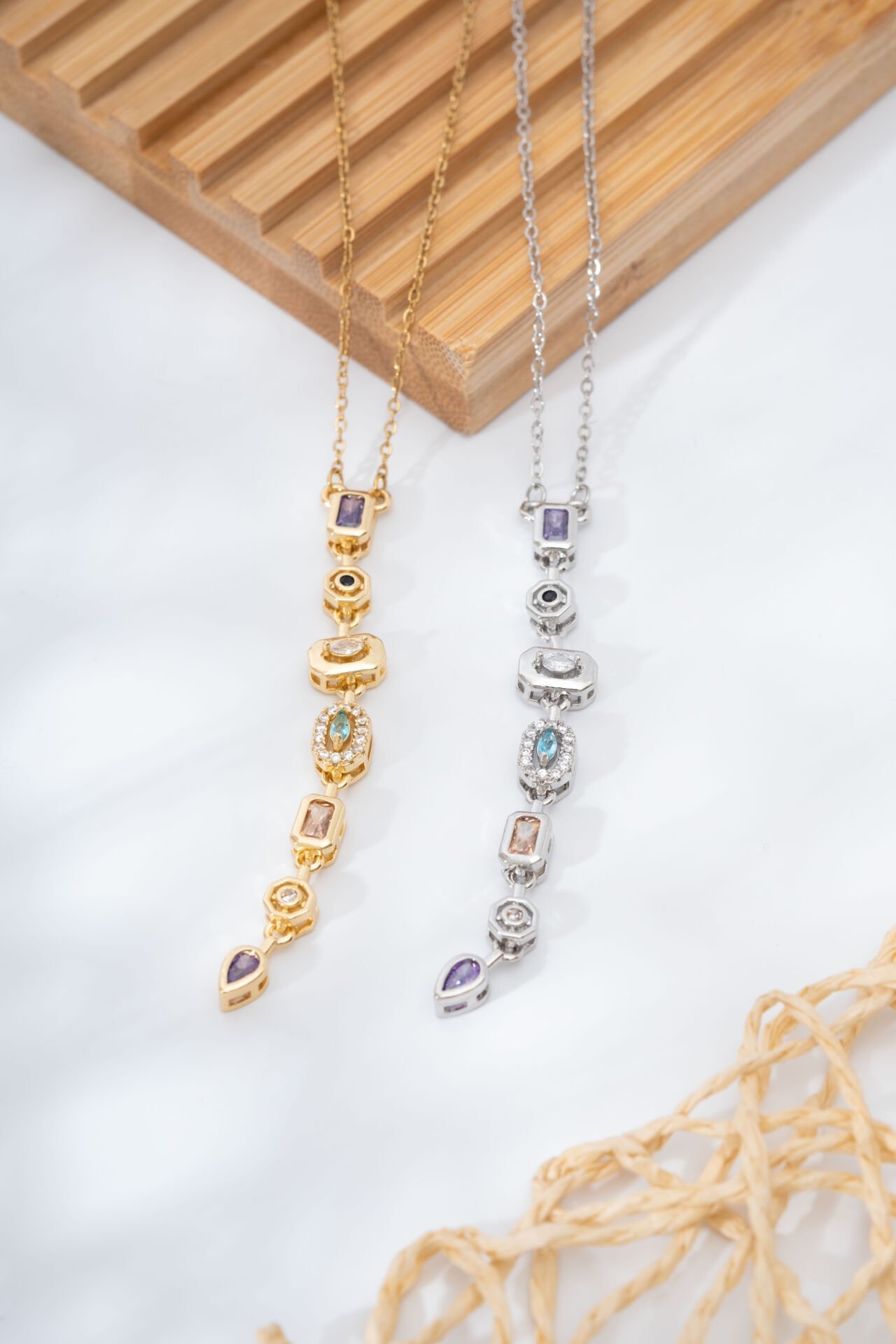 Renkli Taşlı Y Kolye (GOLD-SİLVER)