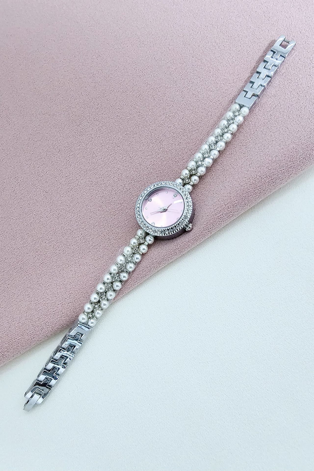 Gümüş ve İnci Detaylı Romantik Pembe Kadın Kol Saati