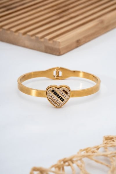 Kalp Desenli Çelik Kelepçe Bileklik