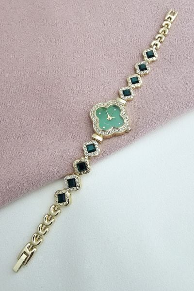 Gold yeşil taşlı saat