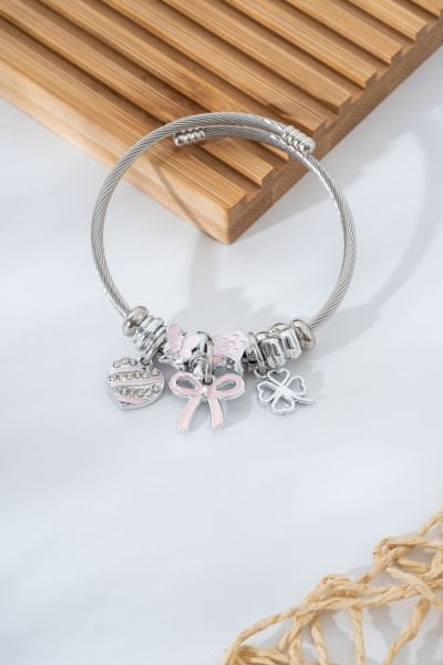 Çelik Pandora Pembe Kurdale ve Kalp Figürlü