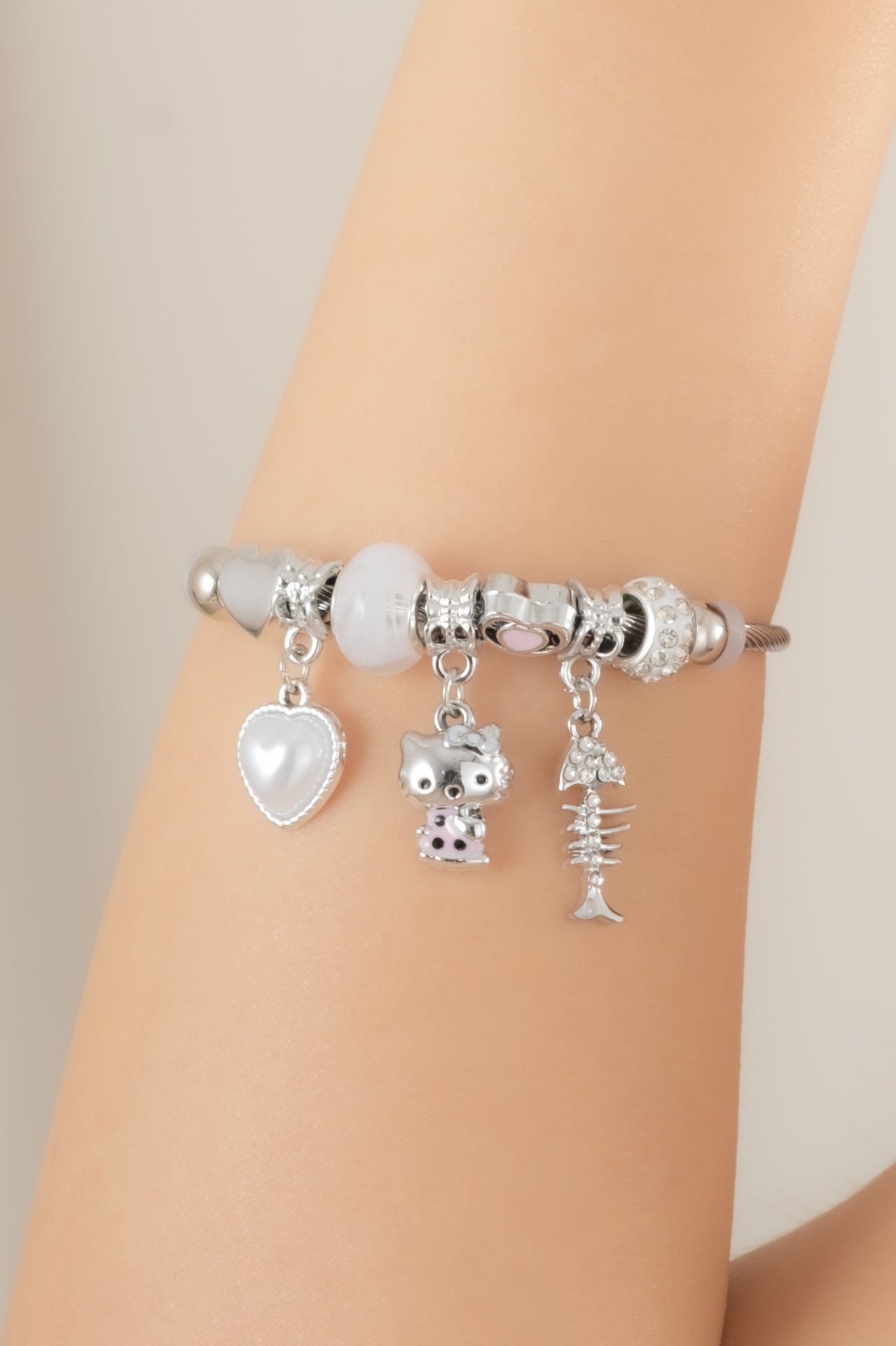 Çelik Pandora Kedicik ve İnci Kalp Figürlü