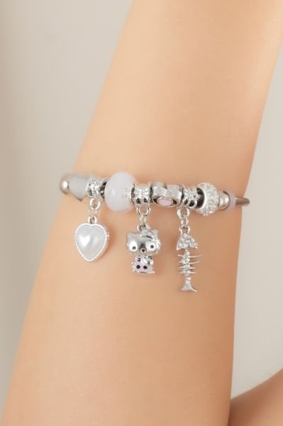 Çelik Pandora Kedicik ve İnci Kalp Figürlü