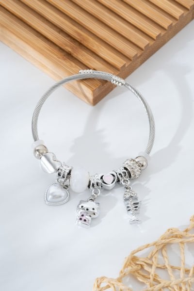 Çelik Pandora Kedicik ve İnci Kalp Figürlü