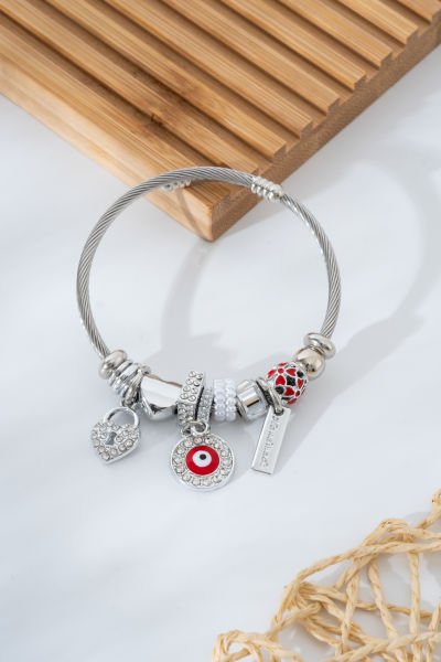 Çelik Pandora Anahtar ve Nazar Boncuğu Figürlü