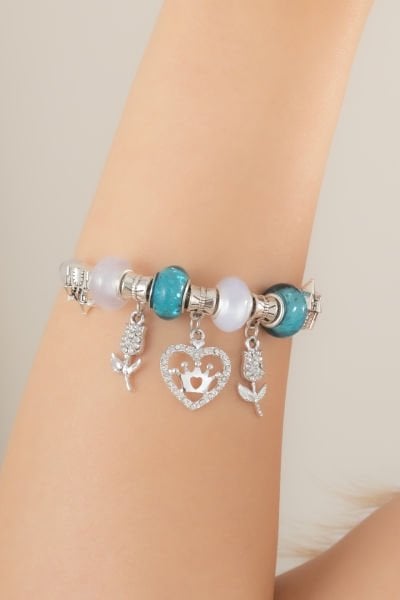 Çelik Pandora Lale ve Taçlı Kalp Figürlü