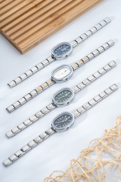 Oval Kadran Çiçek Detaylı Metal Kordon Kol Saati