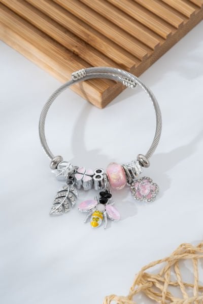 Arı ve Gül Figürlü Çelik Pandora
