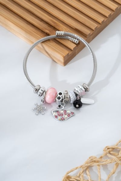 Kuğu ve Kar Tanesi Figürlü Çelik Pandora