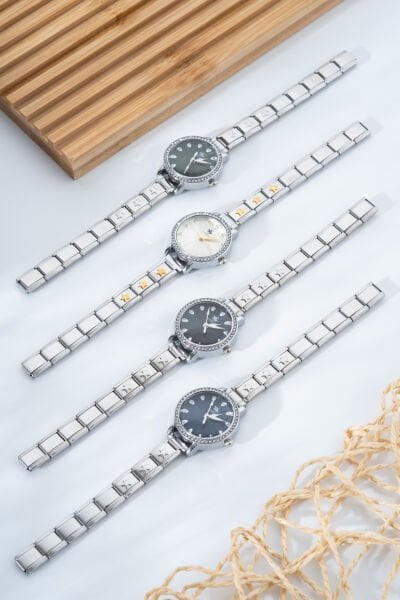 Taş Detaylı Yuvarlak Kadranlı Metal Kordon Kol Saati