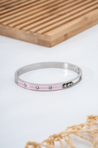 Çelik Zirkon Taşlı Pembe Bileklik