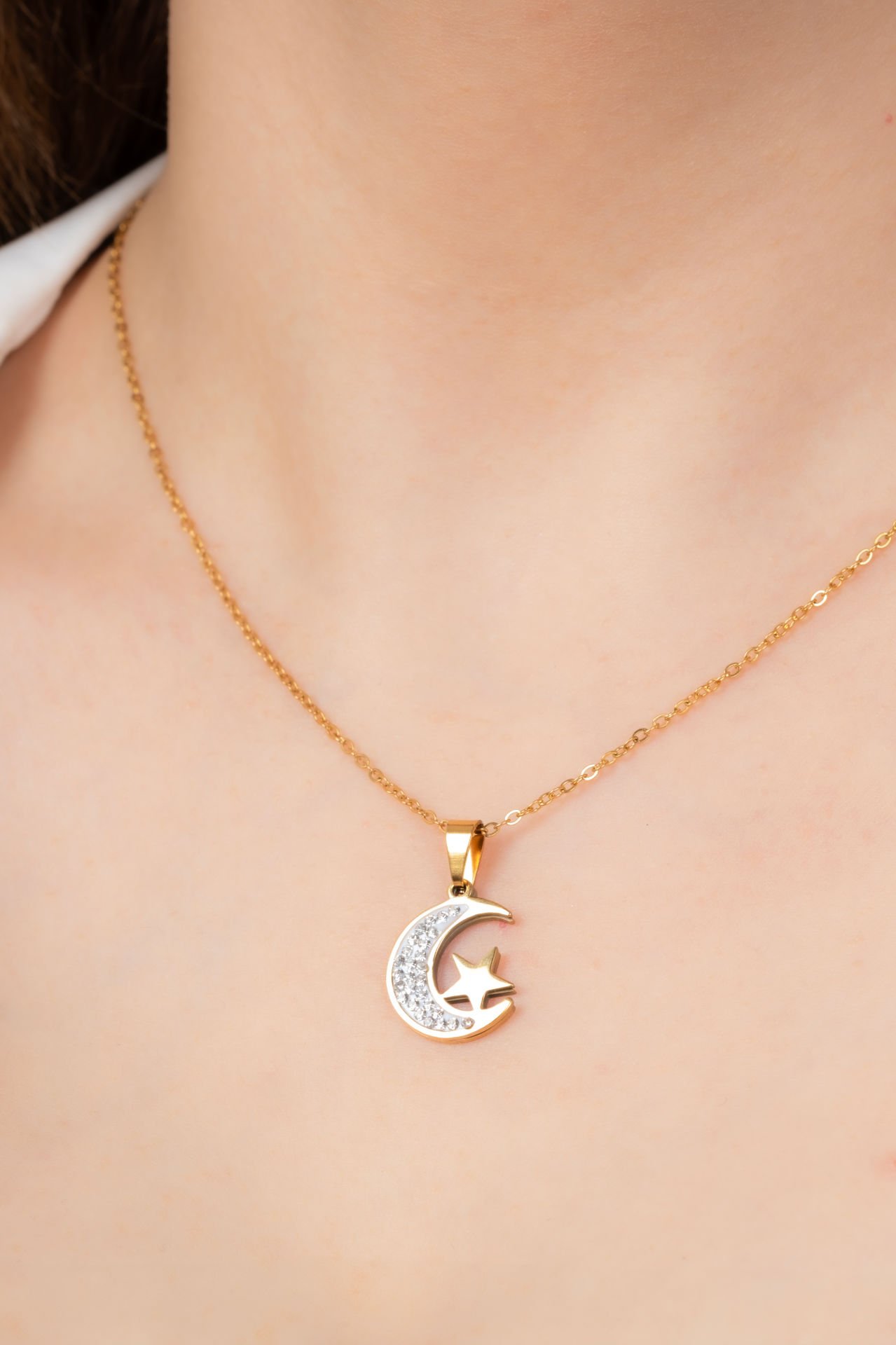 Çelik Taşlı Ay Yıldız Kolye
