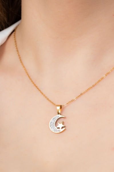 Çelik Taşlı Ay Yıldız Kolye