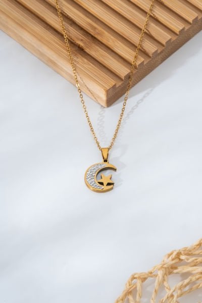 Çelik Taşlı Ay Yıldız Kolye