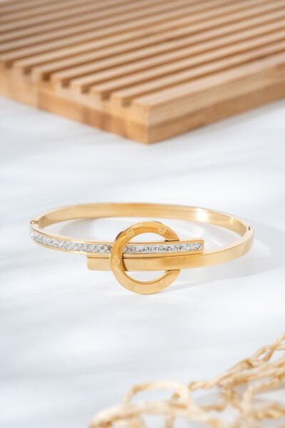 Çelik Taşlı Gold Bileklik