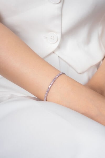 Lila Detaylı Gümüş Renk Çelik Kordon   Vıp Bileklik