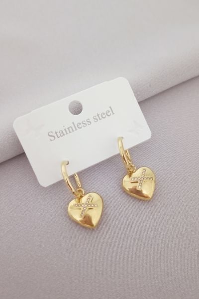 Çelik kalp küpe taşlı gold