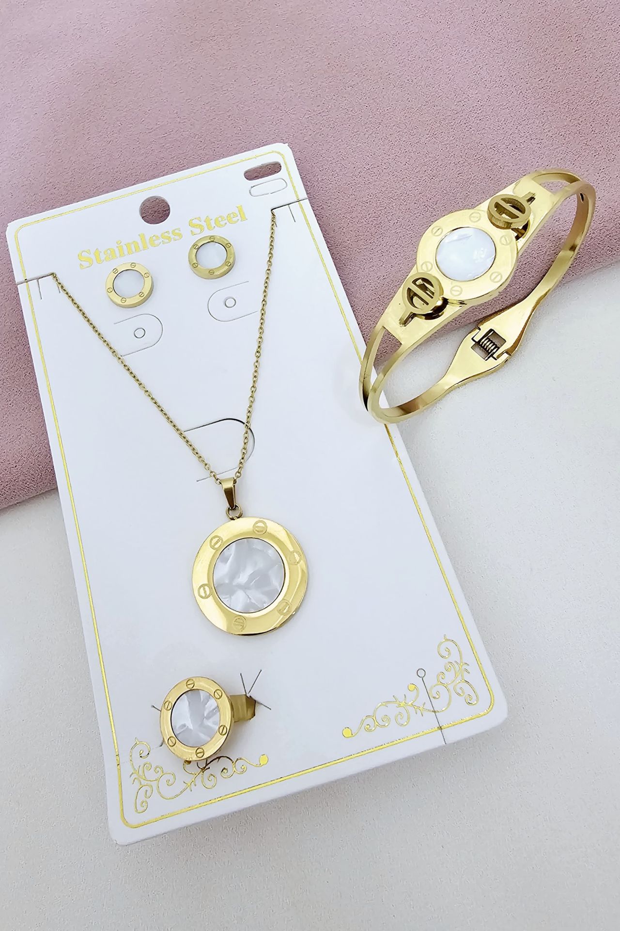 Çelik Beyaz Sedef Taşlı Set