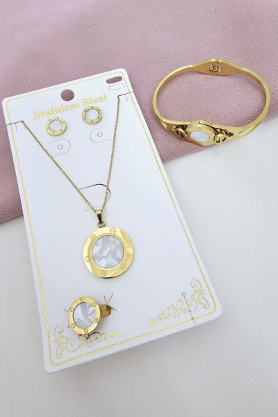 Çelik Beyaz Sedef Taşlı Set