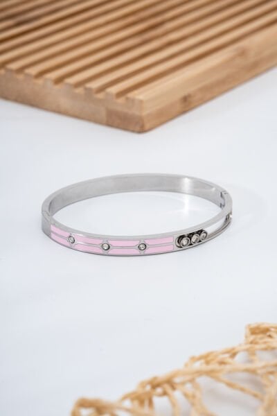 Pembe Şerit Detaylı Taşlı Bileklik