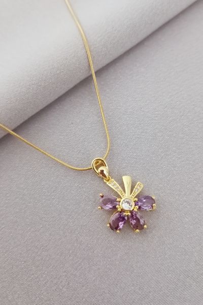 Çelik mor taşlı lotus çiçeği kolye
