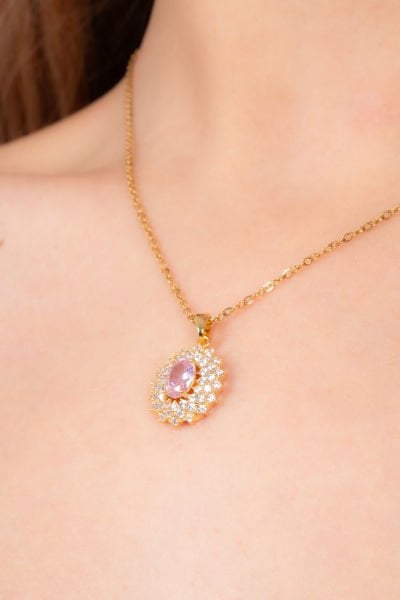 Çelik Pembe Taşlı Kolye