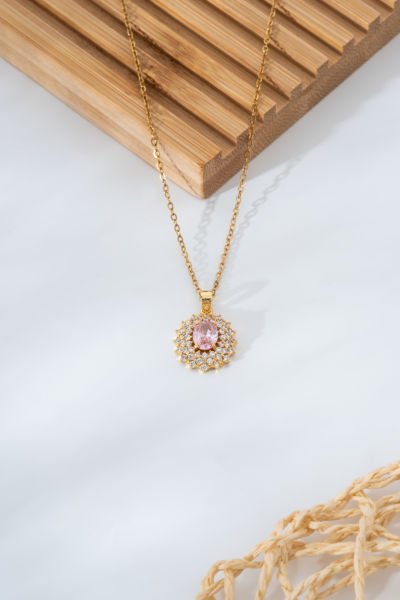 Çelik Pembe Taşlı Kolye