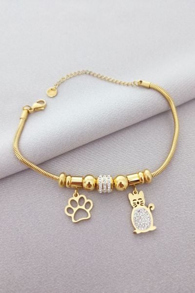 Çelik taşlı kedi pati figürlü bileklik