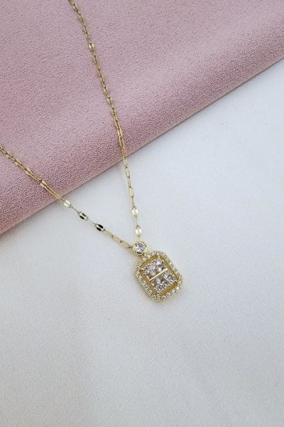 Çelik Baget Taşlı Gold Kolye