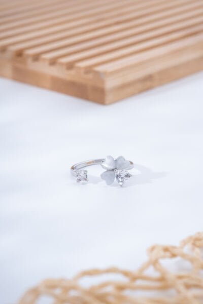 Gümüş Renk Kalpli Taş Detaylı Yüzük