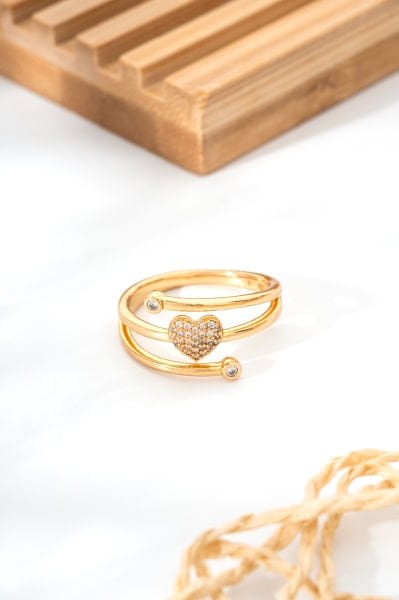 XUPING Kalp Figürlü Taş Detaylı Altın Sarısı Kadın Yüzük