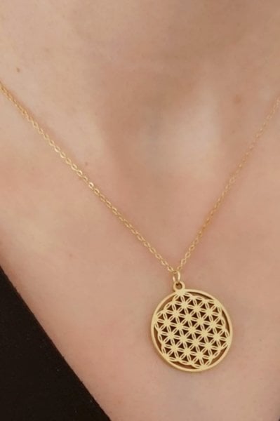 Çelik gold yaşam çiçeği kolye