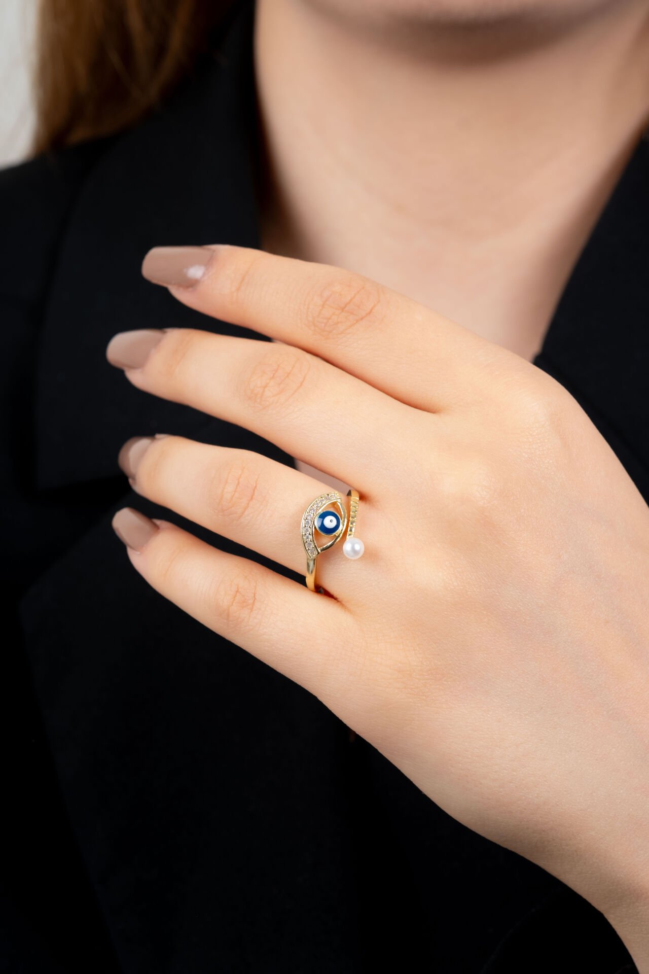 Nazar Boncuğu Detaylı İnci Süslemeli Yüzük