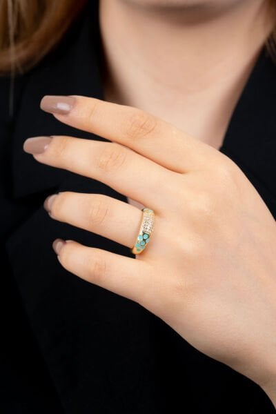 Turkuaz Renkli Mine Detaylı Yüzük
