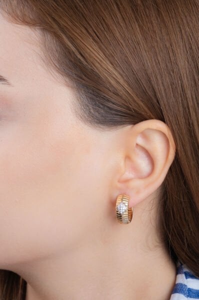 Rose Kare Taş Detaylı Kalın Çizgili VİP Küpe Seti