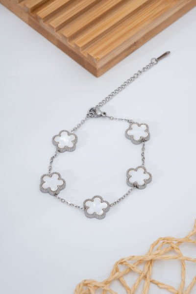 Çelik Van Cleef Beyaz Renk 5 Yaprak Silver Bileklik