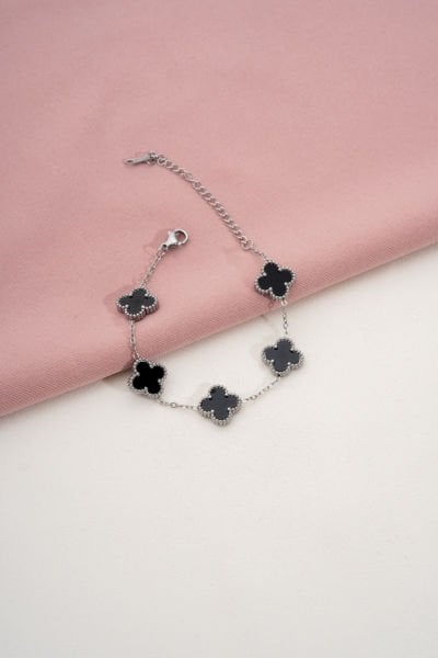 Çelik Van Cleef Siyah Renk 4 Yaprak Silver Bileklik