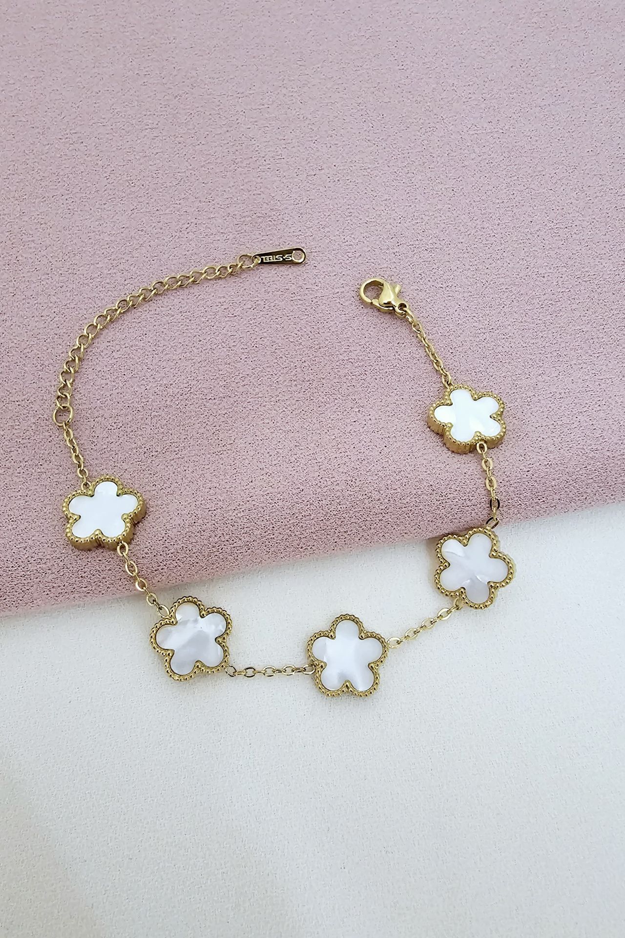 Çelik Van Cleef Beyaz Renk 5 Yaprak Silver Bileklik