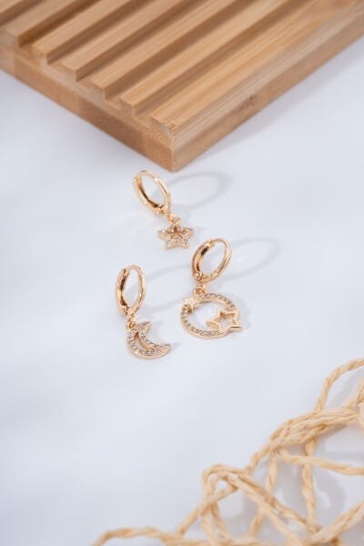 Rose Ay ve Yıldız Figürlü Taş İşlemeli VİP Küpe Seti