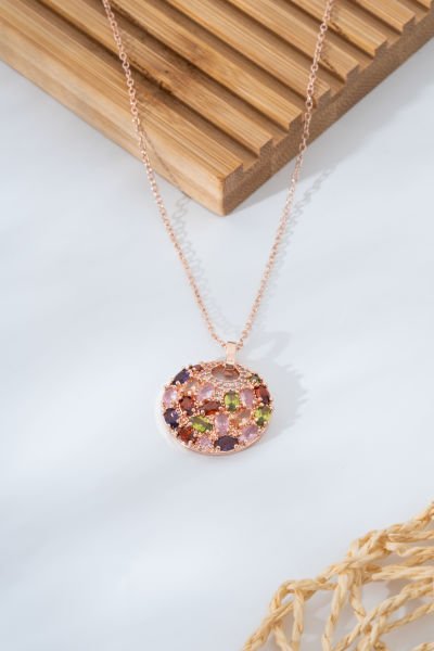 Çelik Renk Mozaiği Taşlı Kolye