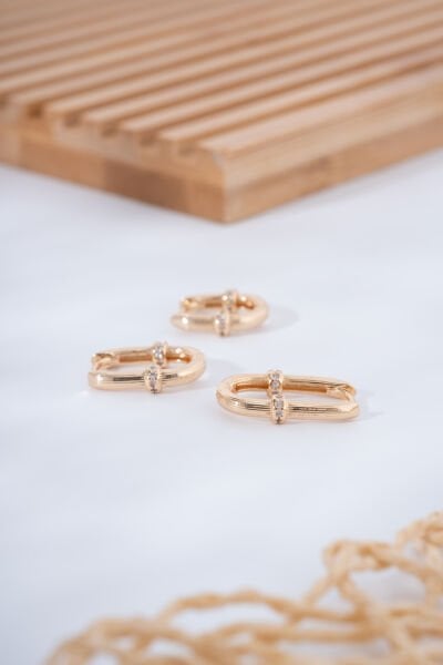 Rose Çizgili Yüzeyli  Oval  VİP Küpe Seti