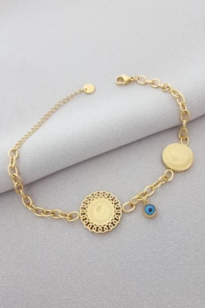 Çelik ata bileklik boncuklu gold