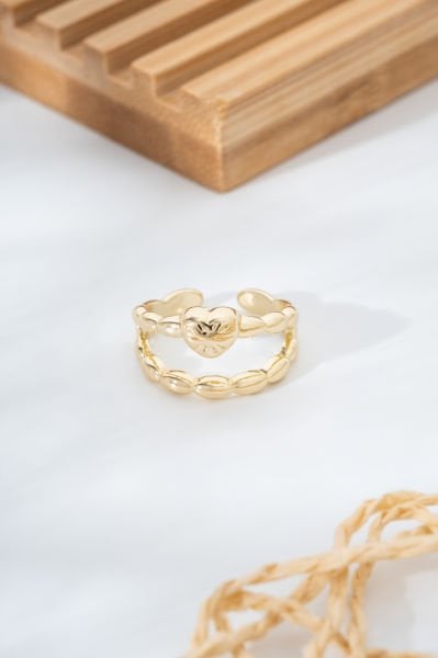 Kalp Detaylı İkili Formda Altın Sarısı Çelik VIP Yüzük