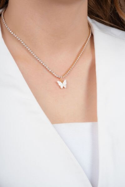 Taşlı Zincirli Beyaz Kelebek Figürlü VİP Kolye