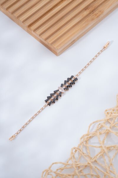 Gold Siyah Taş Detaylı Işıltılı VİP Bileklik