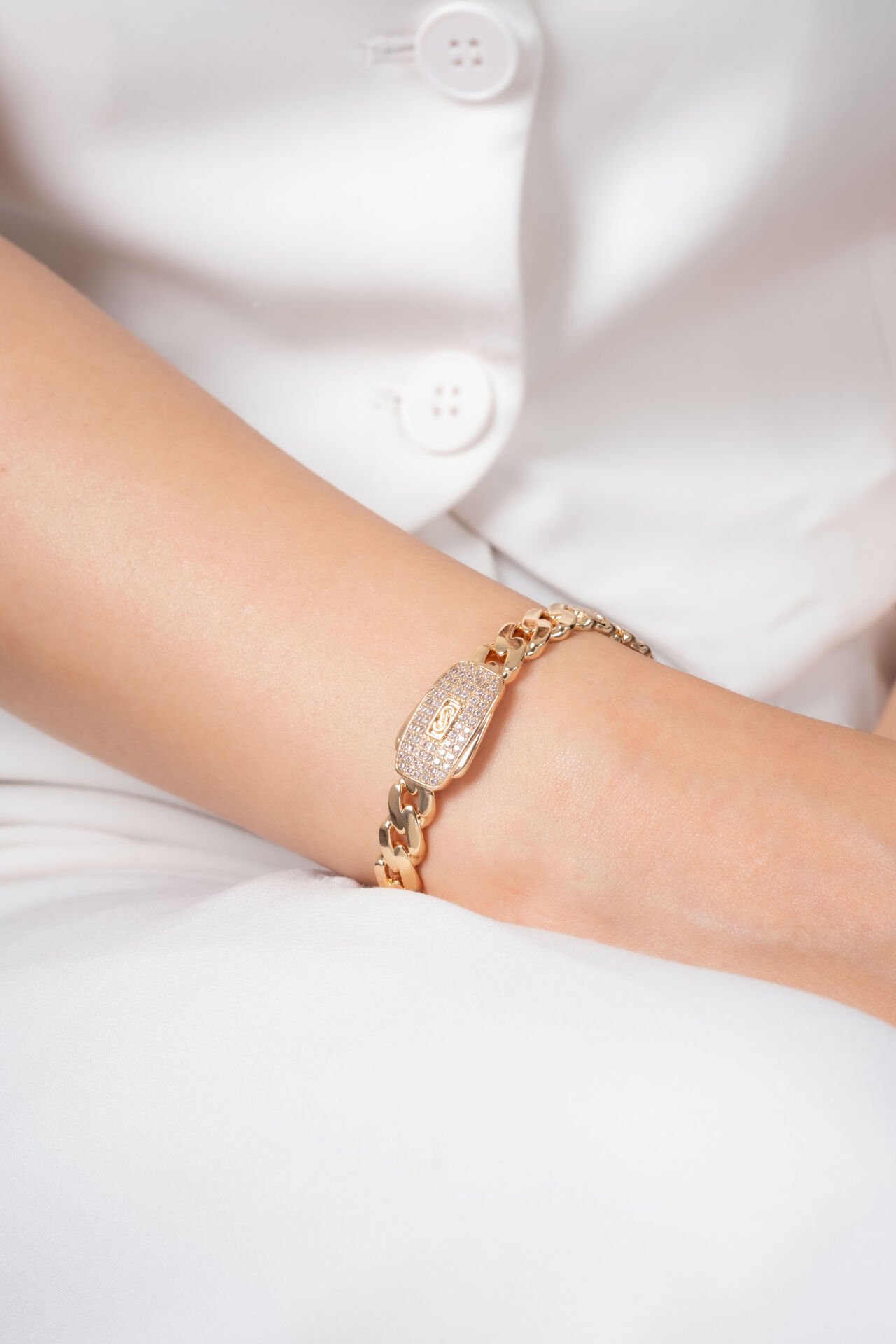 Rose Kalın Zincir Formlu Taşlı VİP Kelepçe Bileklik