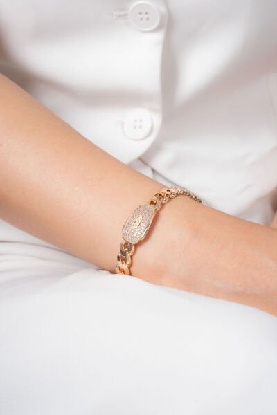 Rose Kalın Zincir Formlu Taşlı VİP Kelepçe Bileklik