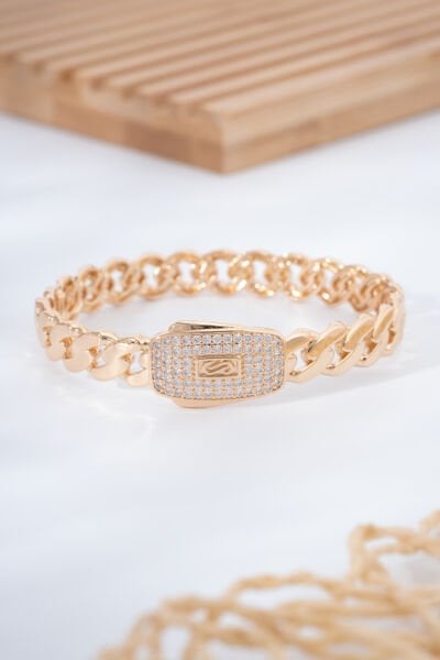 Rose Kalın Zincir Formlu Taşlı VİP Kelepçe Bileklik