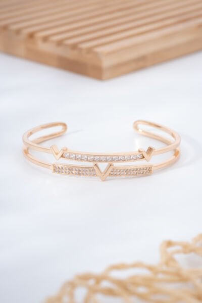 Rose Çift Sıra V Detaylı Taşlı VİP Kelepçe Bileklik