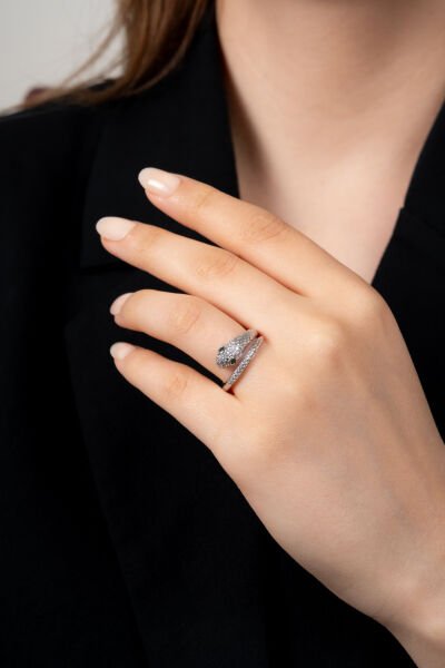 Yılan Figürlü Taş İşlemeli Gümüş Renk Ayarlanabilir VIP Yüzük